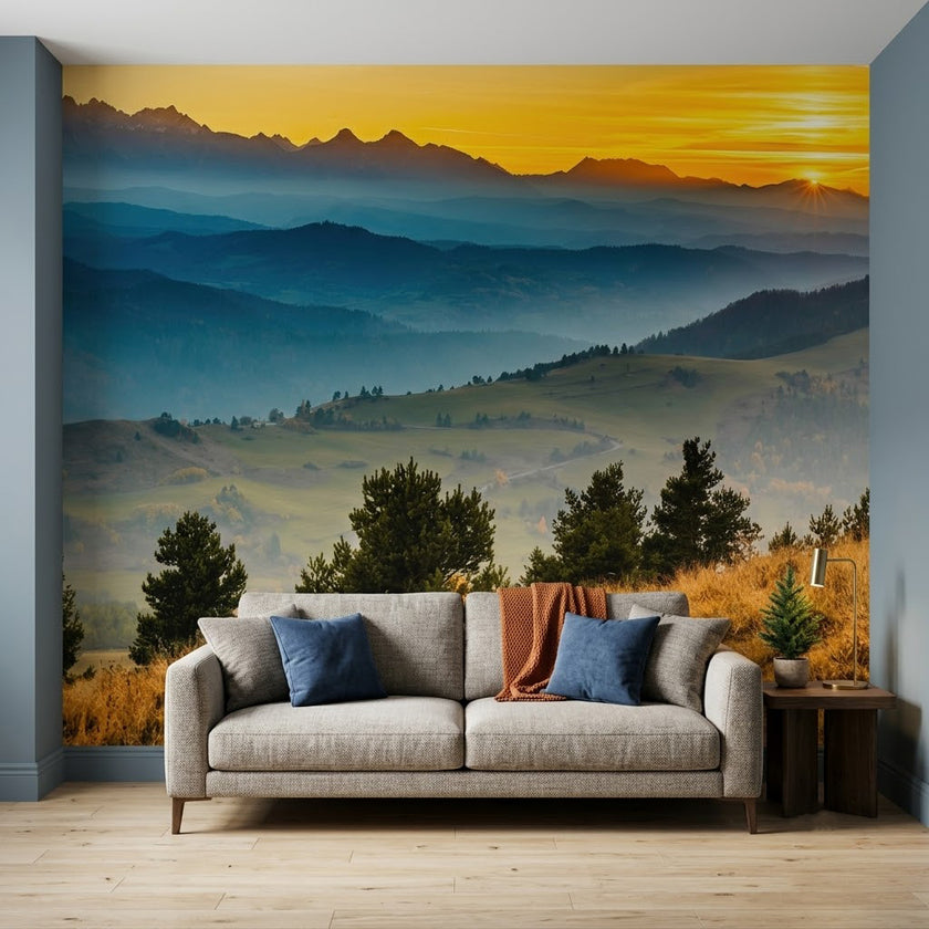 Gün Doğumu Tatra Dağları Epik Sisli Vadi Panoraması Sarı Yeşil Duvar Kağıdı