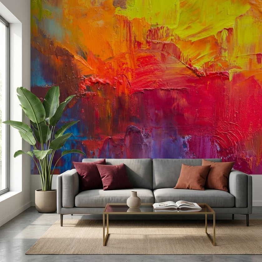 Abstract Yağlı Boya Ateş Gün Batımı Tablosu Fırça Darbeleri Turuncu Sarı Turkuaz Duvar Kağıdı