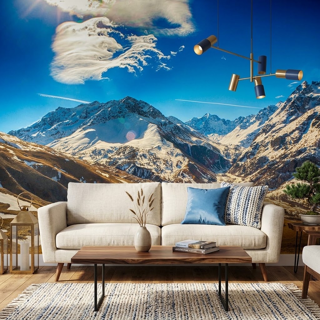Nefes Kesici Karlı Dağ Zirveleri Gökyüzü Kış Panoraması Mavi Duvar Kağıdı