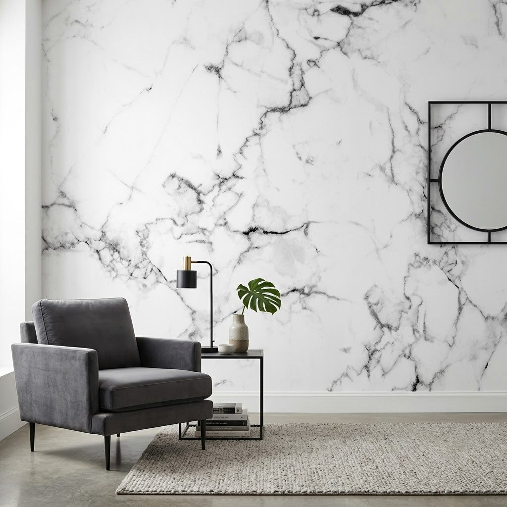 Lüks Beyaz Mermer Görünüm Damarlı Taş Dokusu Minimalist Gri Duvar Kağıdı
