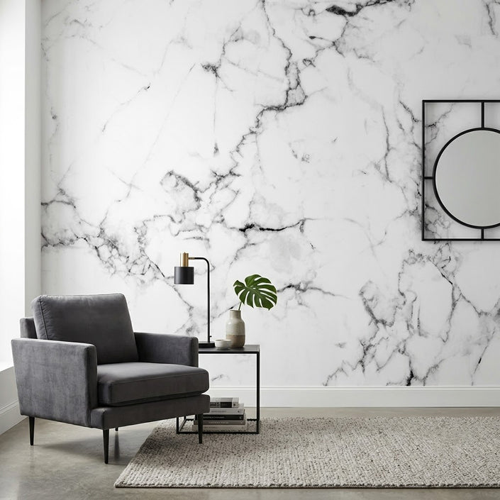 Lüks Beyaz Mermer Görünüm Damarlı Taş Dokusu Minimalist Gri Duvar Kağıdı