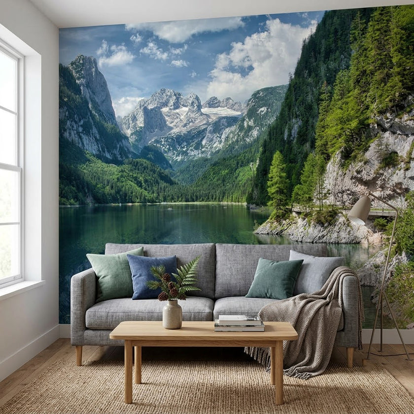 Nefes Kesici Alpin Göle Kusursuz Yansıması Çam Ormanı Panoraması Mavi Yeşil Duvar Kağıdı