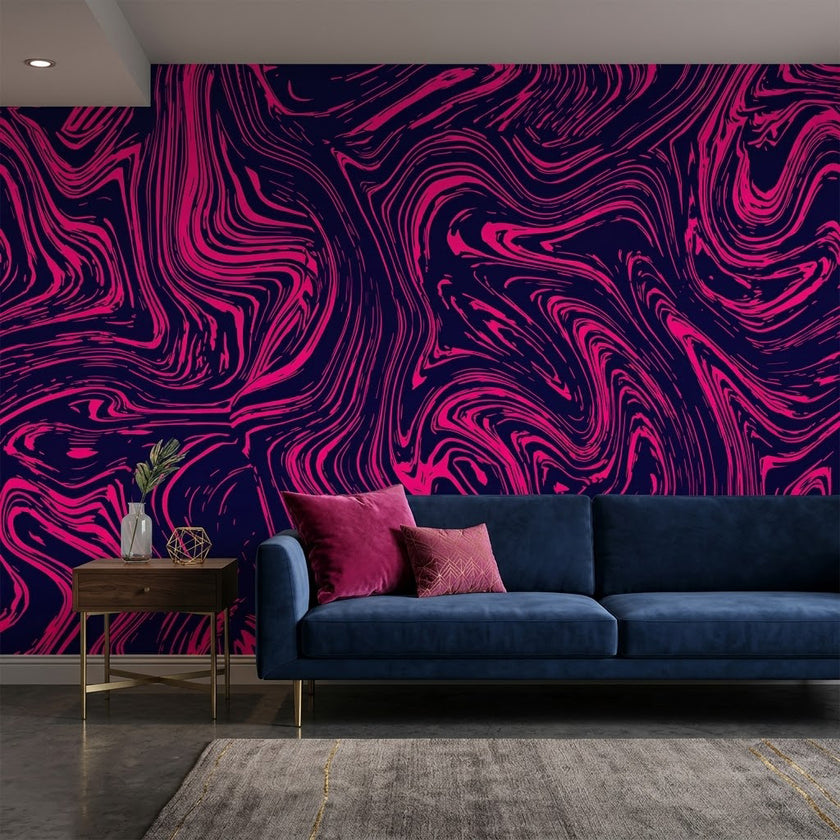 Neon Pembe Akışkan Elektrik Parıltısı Sıvı Suluboya Dalgalar Lacivert Duvar Kağıdı