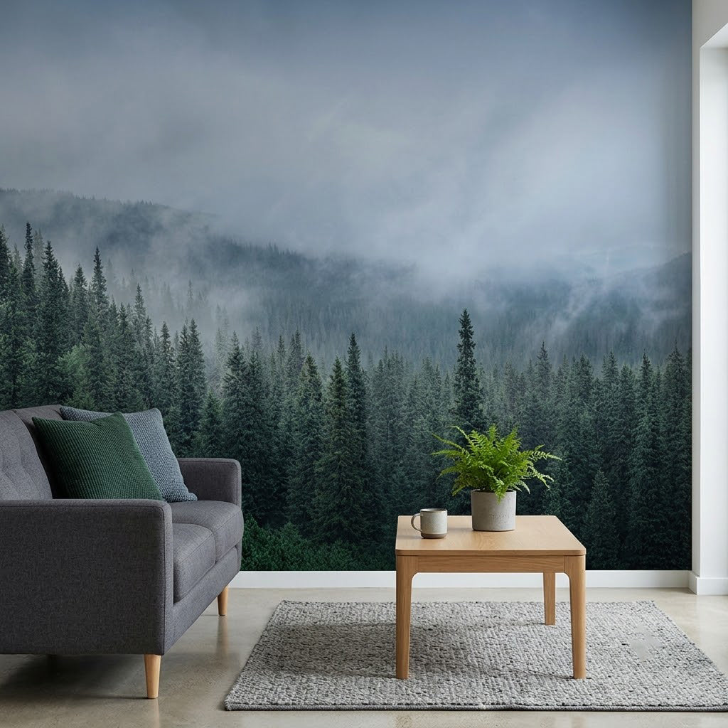 Sisli Orman Dağlarda Atmosferik Çam Ağaçları Panoraması Koyu Yeşil Duvar Kağıdı