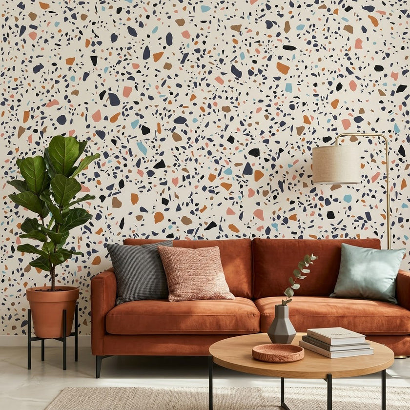 Çok Renkli Terrazzo Taş Deseni Retro Benekli Pastel Toprak Tonları Duvar Kağıdı