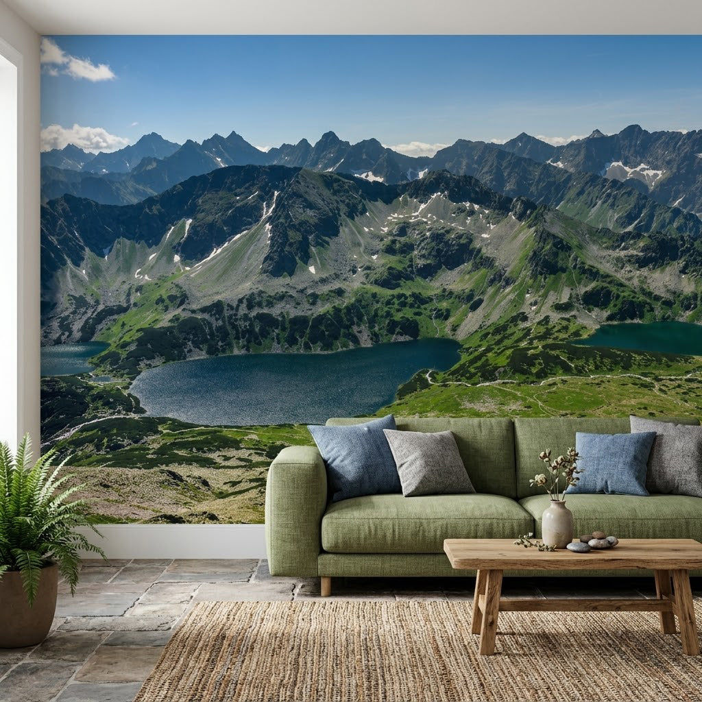 Yüksek Alpin Göller Panoraması Sarp Zirvelerle Mavi Yeşil Duvar Kağıdı