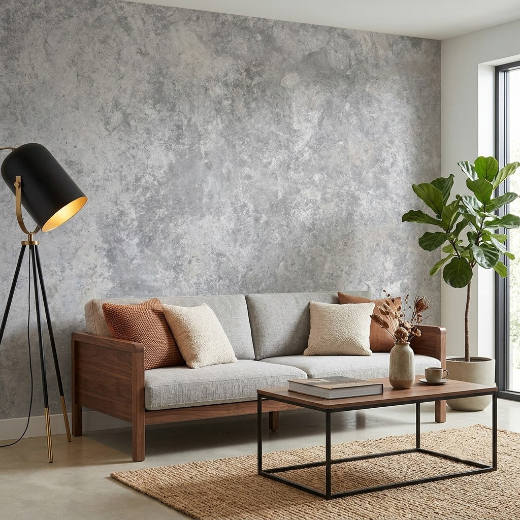 Duvar Görünümlü Benekli Minimalist Endüstriyel Soft Açık Gri Duvar Kağıdı
