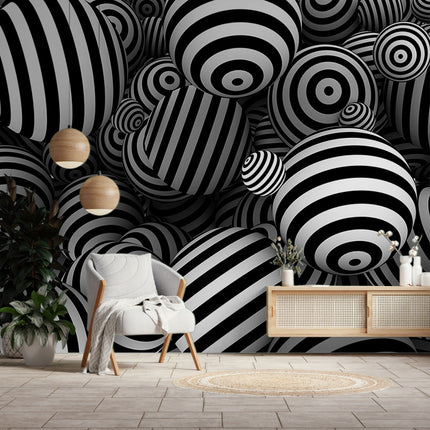 Hipnotik Tribal Çizgili Küreler 3D Zebra Desenli Siyah Beyaz Duvar Kağıdı