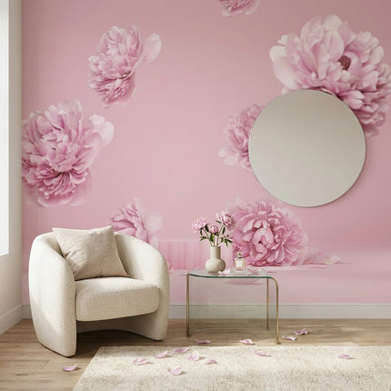 Rüya gibi Uçan Şakayıklar Minimalist Çiçek Sahnesi Pastel Pembe Duvar Kağıdı