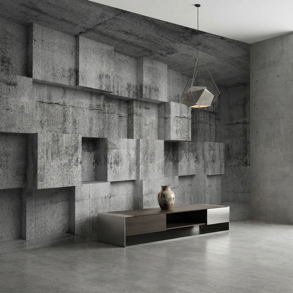 Brütalist Duvar Görünümlü Geometrik Mimarisi 3D Küp Bloklar Gri Duvar Kağıdı