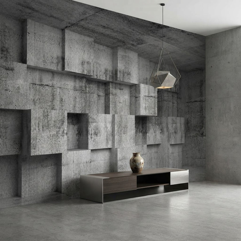 Brütalist Duvar Görünümlü Geometrik Mimarisi 3D Küp Bloklar Gri Duvar Kağıdı