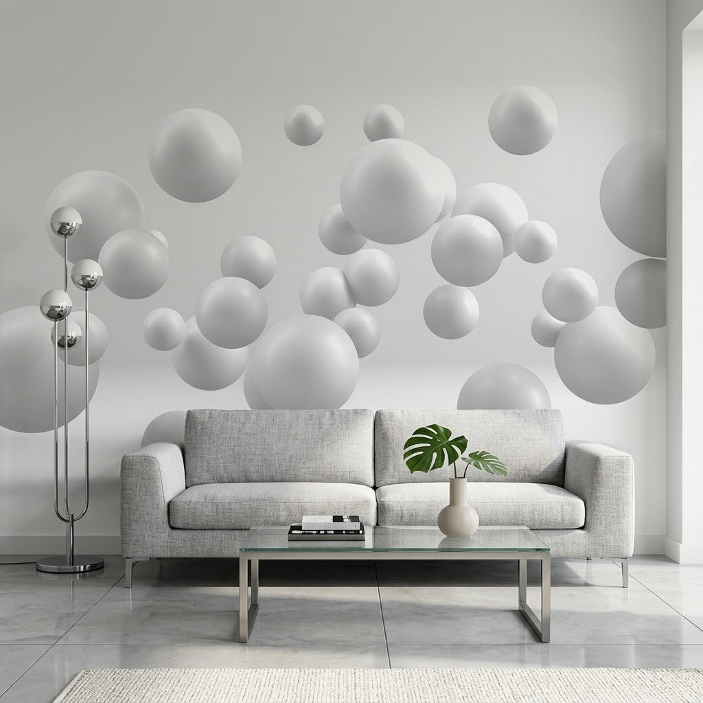Minimalist Uçan Beyaz Küreler 3D Sürreal Gri Duvar Kağıdı