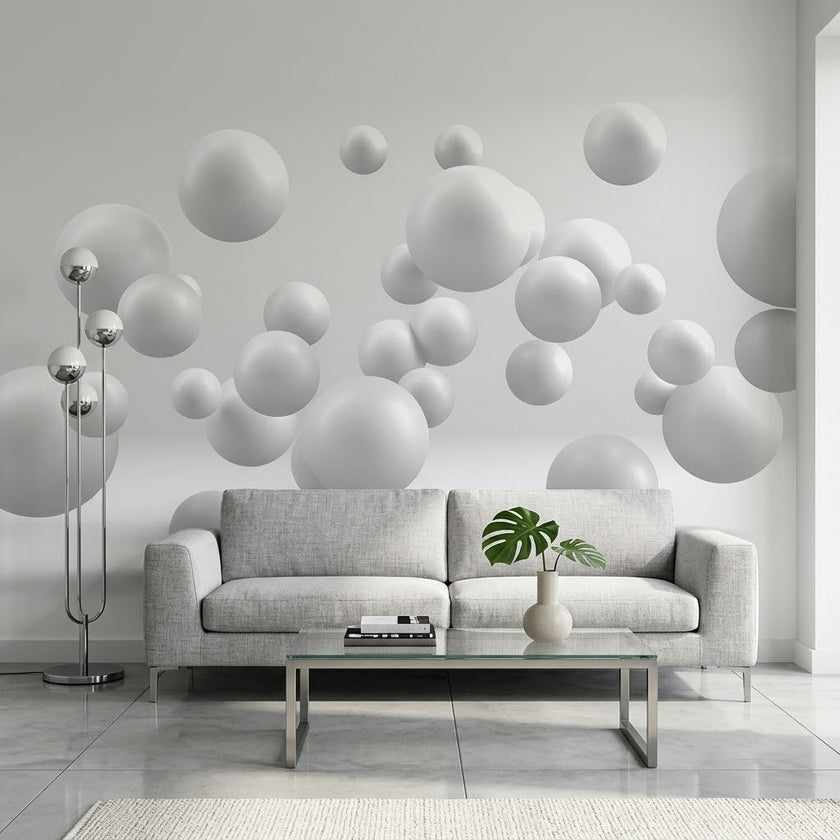 Minimalist Uçan Beyaz Küreler 3D Sürreal Gri Duvar Kağıdı