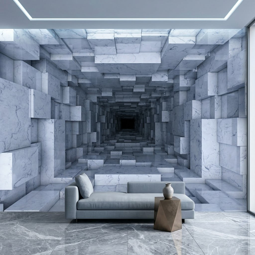 Sonsuz Mermer Geometrik Tünel İllüzyonu Sürreal 3D Beyaz Gri Duvar Kağıdı