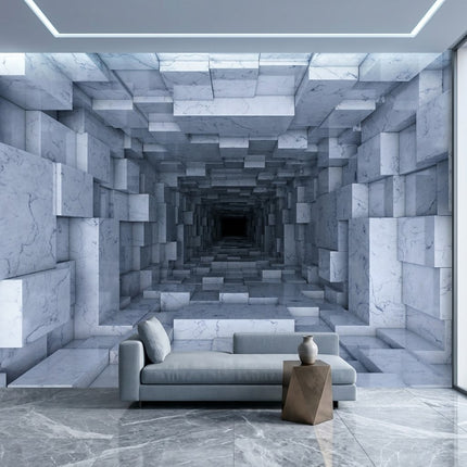 Sonsuz Mermer Geometrik Tünel İllüzyonu Sürreal 3D Beyaz Gri Duvar Kağıdı