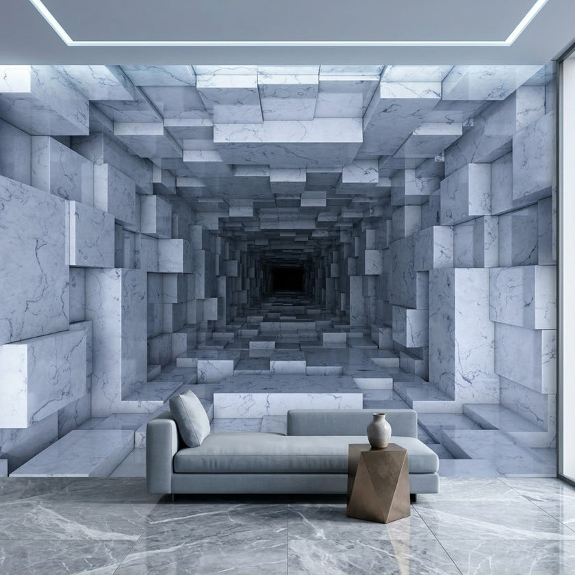 Sonsuz Mermer Geometrik Tünel İllüzyonu Sürreal 3D Beyaz Gri Duvar Kağıdı