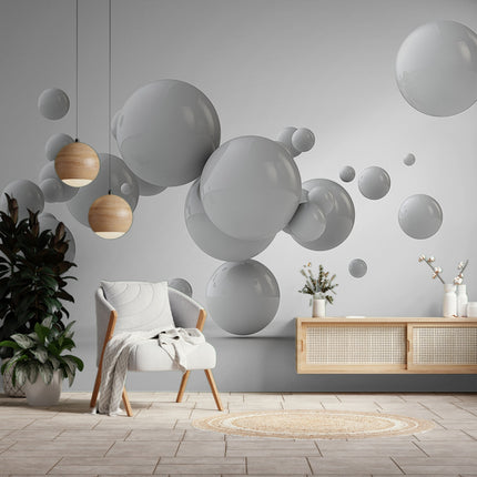 Minimalist Uçan Beyaz Küreler 3D Gri Duvar Kağıdı