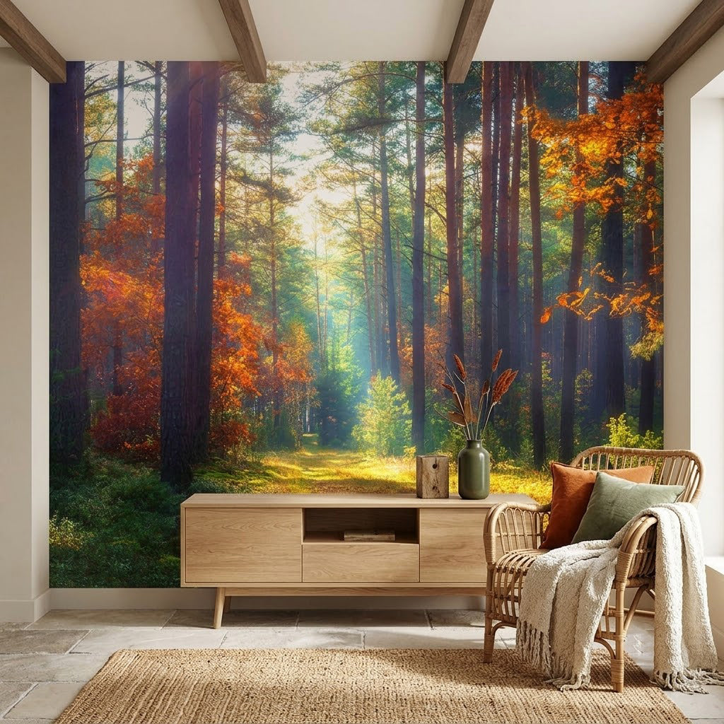 Büyüleyici Sonbahar Çam Ormanı Patikası Turuncu Yeşil Duvar Kağıdı