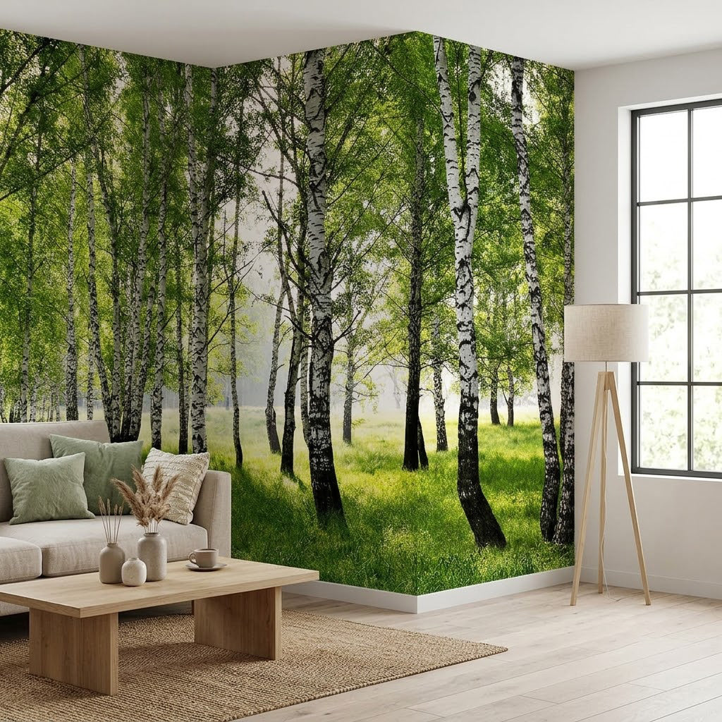 Yaz Huş Korusu Ormanda Beyaz Ağaç Gövdeleri Yeşil Duvar Kağıdı