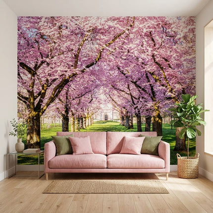 Romantik Pembe Sakura Tüneli Yeşil Duvar Kağıdı