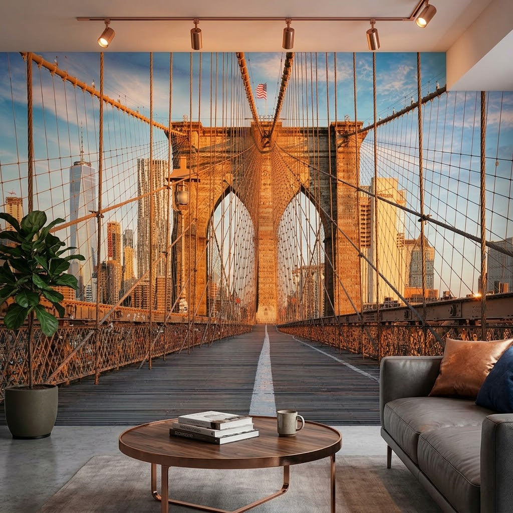Gökyüzünde Brooklyn Köprüsü Turuncu Mavi Duvar Kağıdı