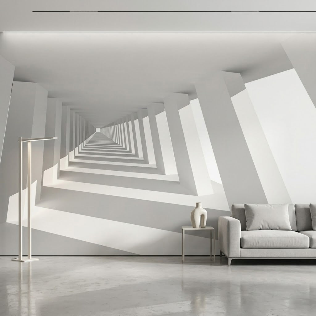 Beyaz Geometrik Koridor Optik İllüzyon Minimalist Mimari Duvar Kağıdı