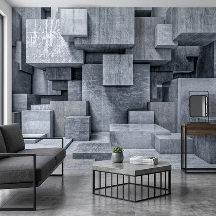 Brutalist Gri Küp Labirenti 3D Geometrik Endüstriyel Derinlik Duvar Kağıdı
