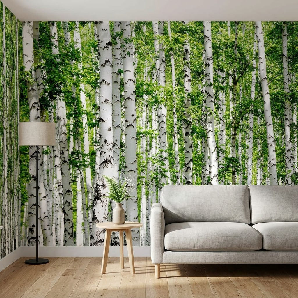 Taze Yeşil Beyaz Huş Ormanı Minimalist Doğa Orman Panoraması Duvar Kağıdı