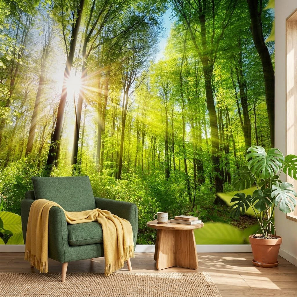 Güneş Işınlı Yemyeşil Kayın Orman Yapraklı Parıltısı Panoraması Duvar Kağıdı