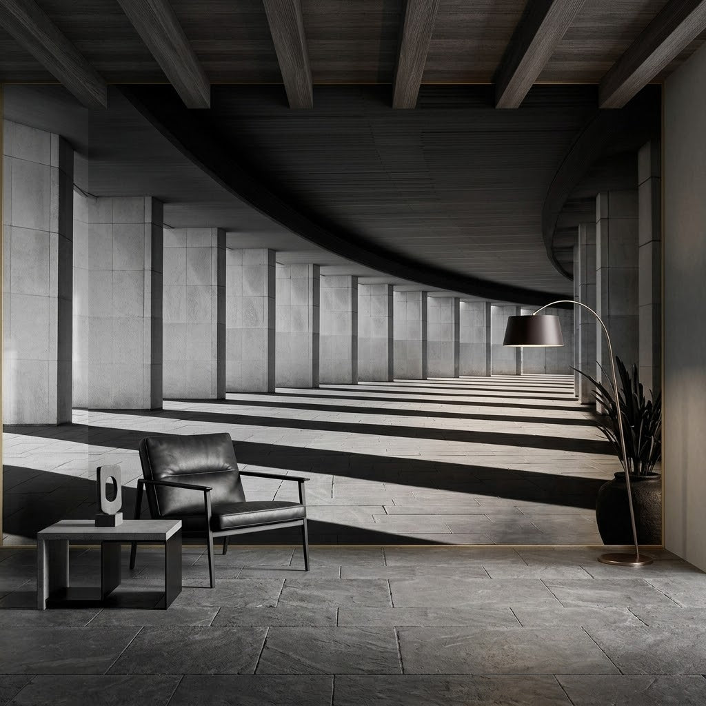 Kavisli Tavan Monokrom Sütunlar Minimalist Geometrik Gölge Oyunu Duvar Kağıdı