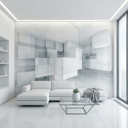 3D Havada Asılı Beyaz Küpler Minimalist Geometrik Mimari Derinlik Duvar Kağıdı
