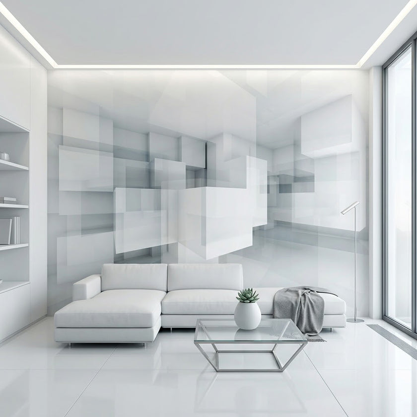 3D Havada Asılı Beyaz Küpler Minimalist Geometrik Mimari Derinlik Duvar Kağıdı