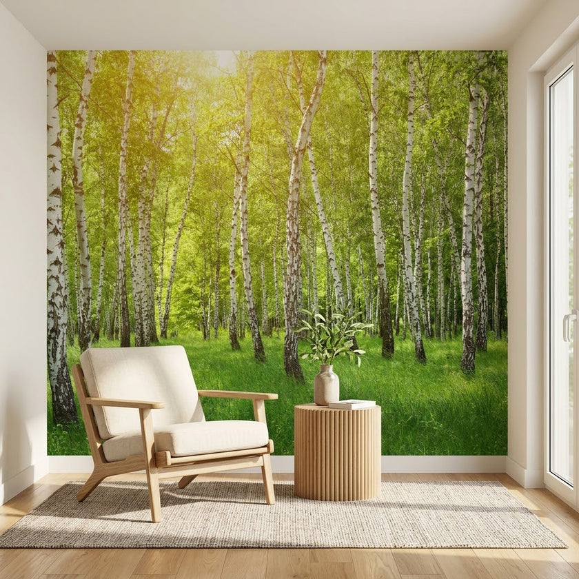 Güneş Işıklı Beyaz Huş Ormanı Sakin Doğa Orman Panoraması Duvar Kağıdı