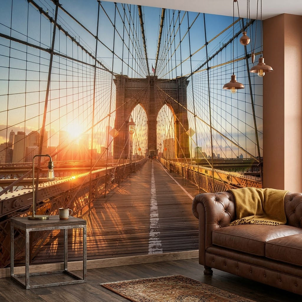 Brooklyn Köprüsü Manhattan Silueti Gün Batımı New York Panoraması Duvar Kağıdı