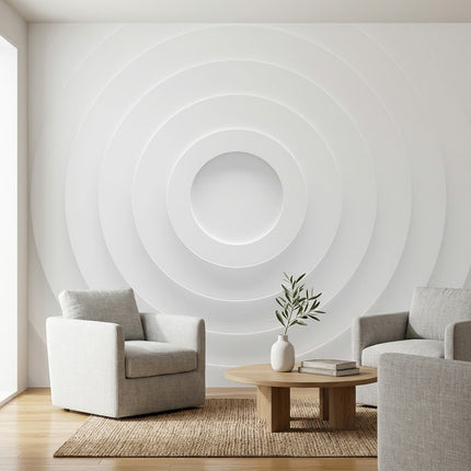 Beyaz Dairesel Dalga Desen Geometrik Minimalist Optik İllüzyon Duvar Kağıdı