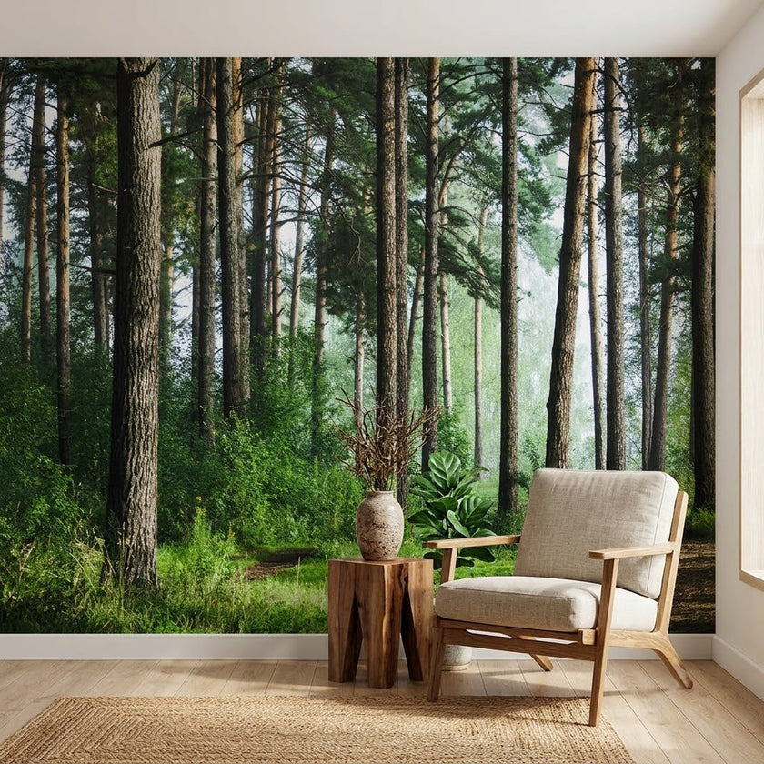 Güneş Işıklı Çam Ormanı Yolu Yeşil Doğa Orman Patikası Duvar Kağıdı