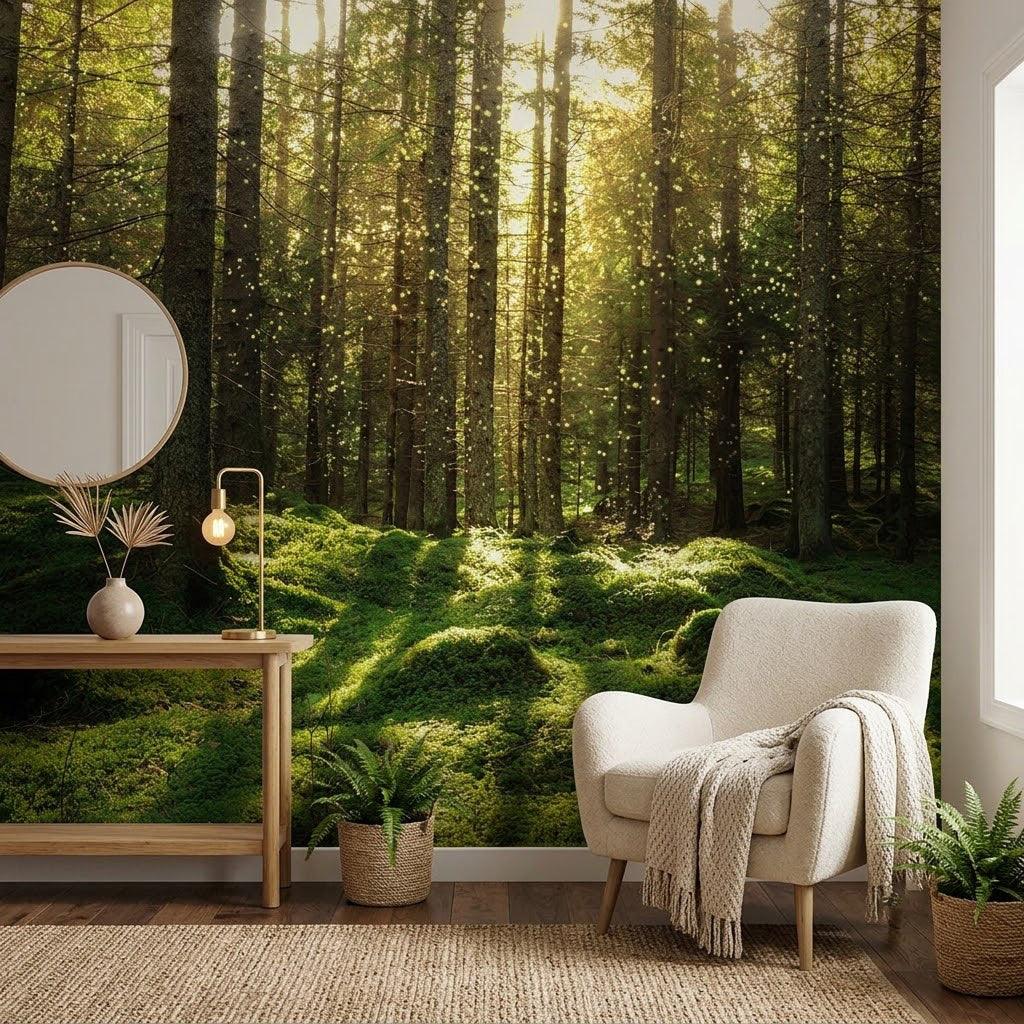 Derin Yeşillik Mistik Orman Güneş Işıklı Çam Ormanı Duvar Kağıdı