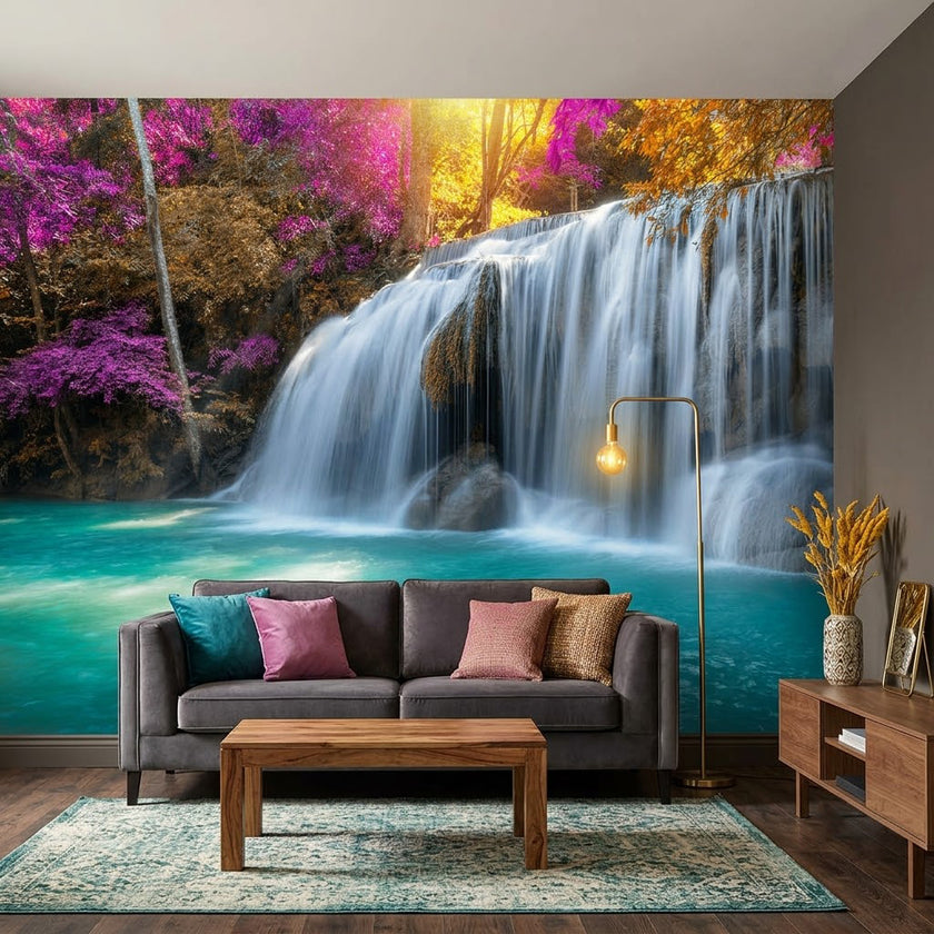 Tayland Erawan Şelalesi Gün Işığı Turkuaz Havuz Pembe Mor Yapraklar Duvar Kağıdı