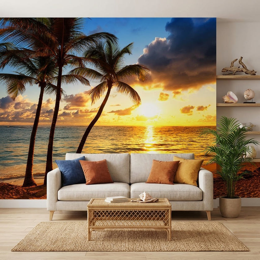 Rüya Gibi Hawaii Sahili ve Canlı Gün Batımı Palmiye Siluetleri Duvar Kağıdı