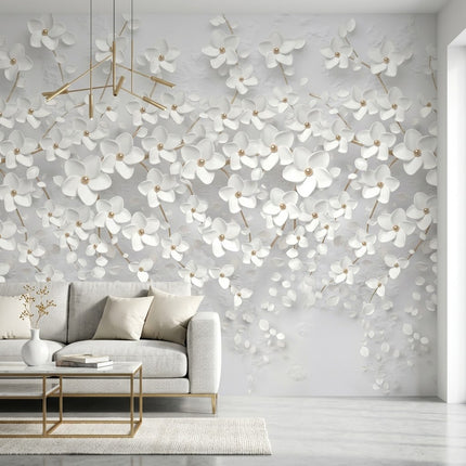 Zarif Altın Detaylı Lüks 3D Beyaz Porselen Çiçekler Duvar Sanatı Duvar Kağıdı