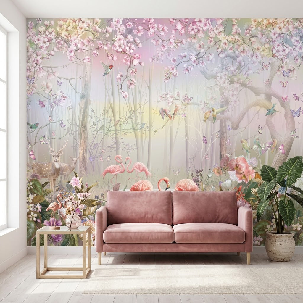 Pembe Sakura Ormanında Rüya Gibi Flamingo ve Narin Geyik Manzarası Duvar Kağıdı