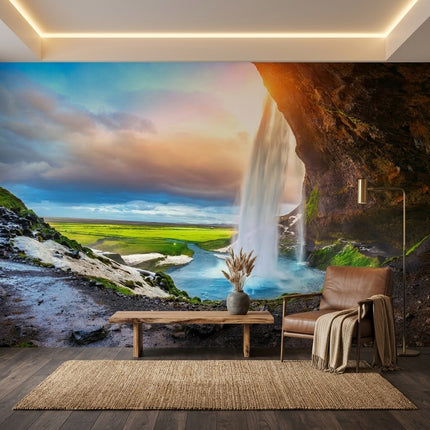 Mağara Görünümünden Altın Saat İzlanda Seljalandsfoss Şelalesi Duvar Kağıdı