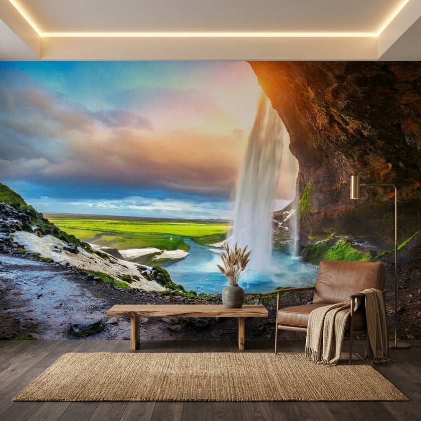 Mağara Görünümünden Altın Saat İzlanda Seljalandsfoss Şelalesi Duvar Kağıdı
