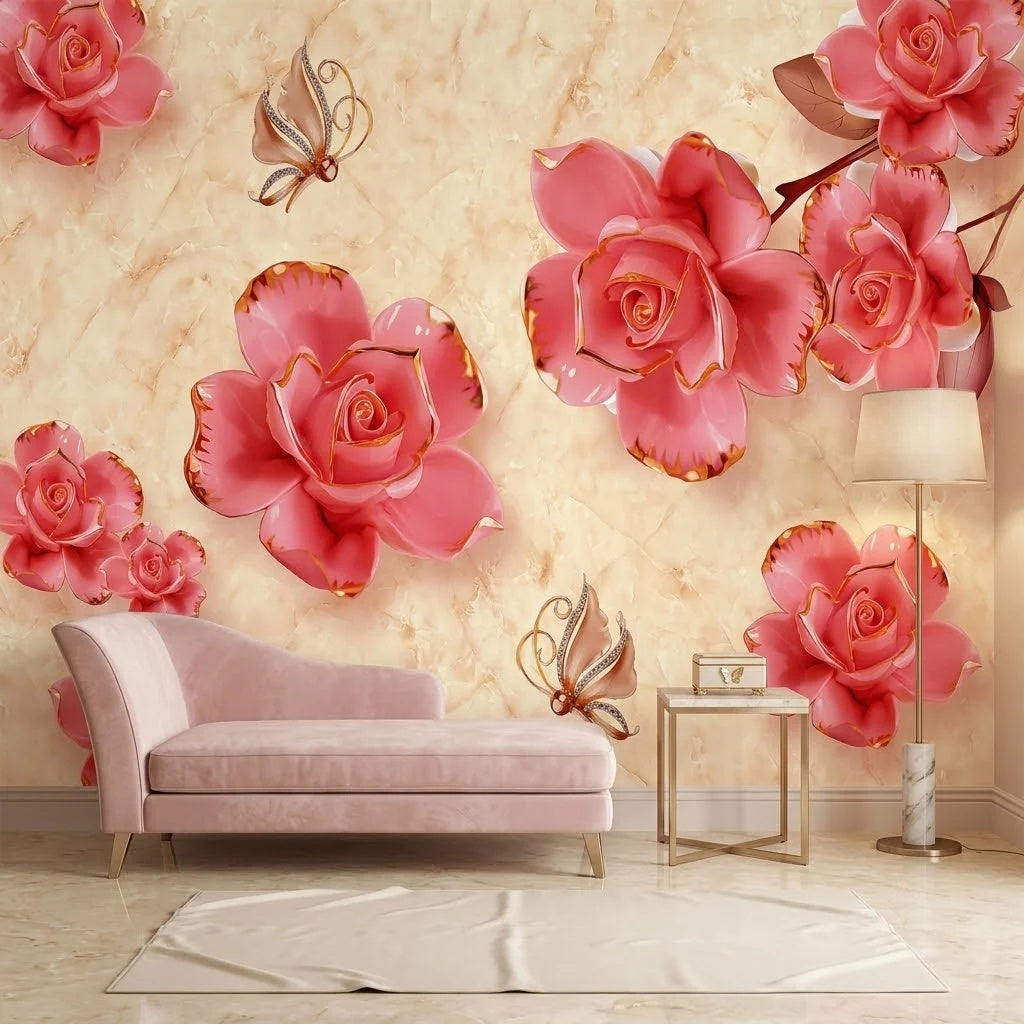 Lüks 3D Pembe Porselen Güller ve Altın Kelebekler Duvar Kağıdı – Soft Mermer Bej Fon