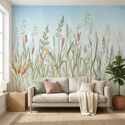Soft Pastel Gökyüzünde Huzurlu Çayır Otu ve Yabani Çiçekler Duvar Kağıdı