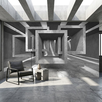 Sürreal Optik İllüzyonlu Sonsuz Brutalist Labirent ve Geometrik Koridor Duvar Kağıdı