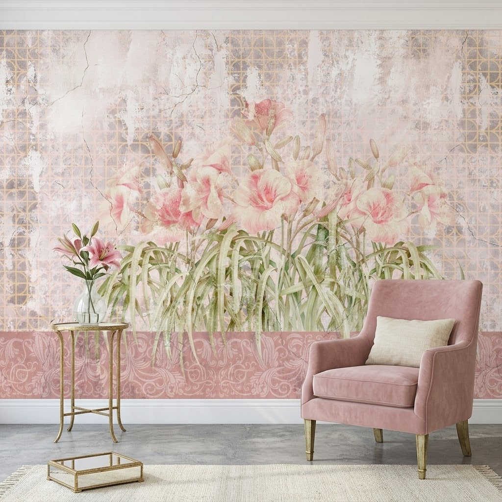 Mermer Süslemeli Fayans Üzerinde Romantik Vintage Pembe Günlily Çiçekleri Duvar Kağıdı