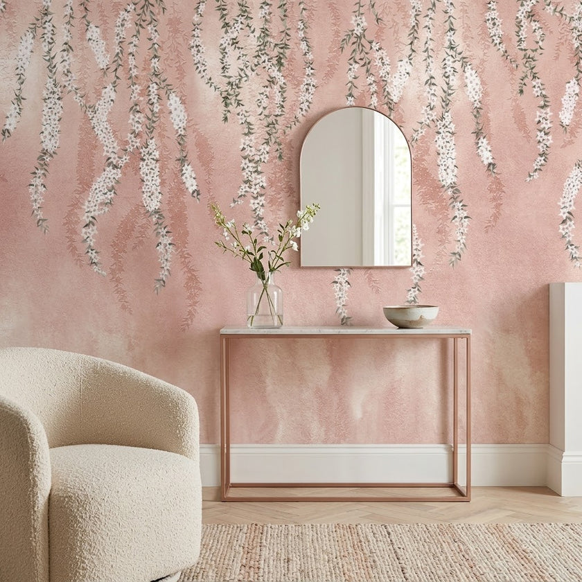 Zarif Pembe Wisteria Dalları Duvar Kağıdı – Soft Pudra Fon