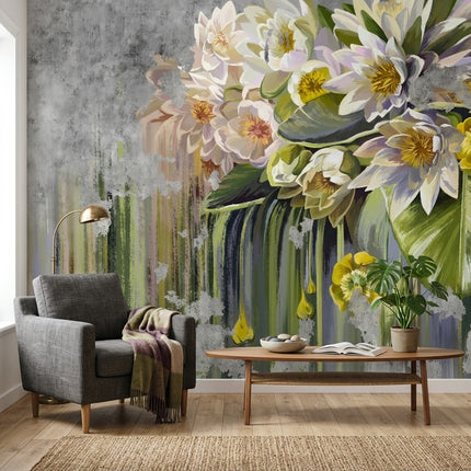 Gri Gölette Rüya Gibi Beyaz Nilüferler ve Altın Detaylı Lotus Buketi Duvar Kağıdı