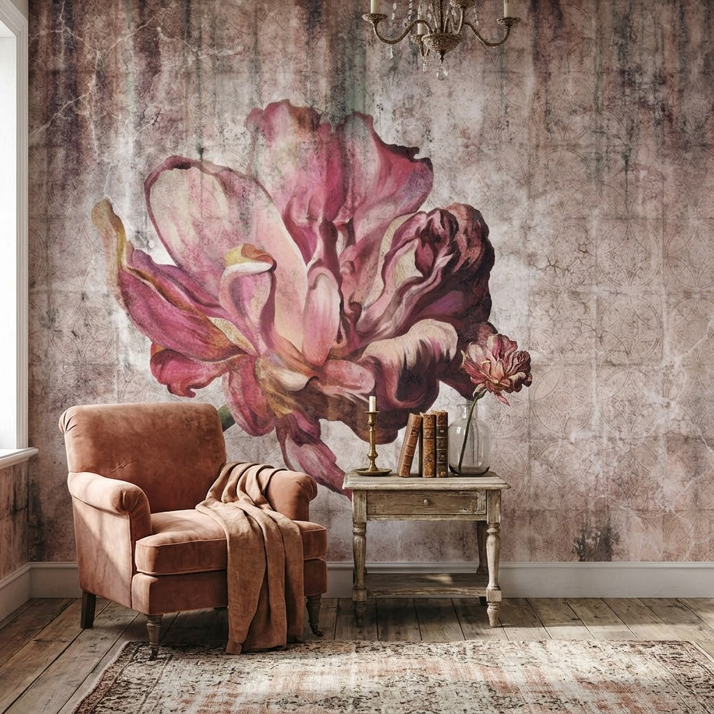 Çatlak Mermer Üzerinde Romantik Vintage Pembe Lale ve Zarif Yapraklar Duvar Kağıdı